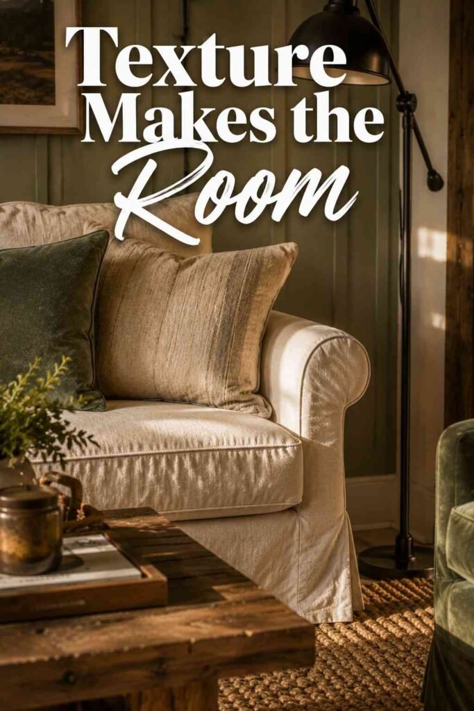 Inspiring 22 Farmhouse Living Room Ideas to Transform Your Space in 2026 4 Close-up of linen sofa texture and black iron lamp base in a farmhouse living room.