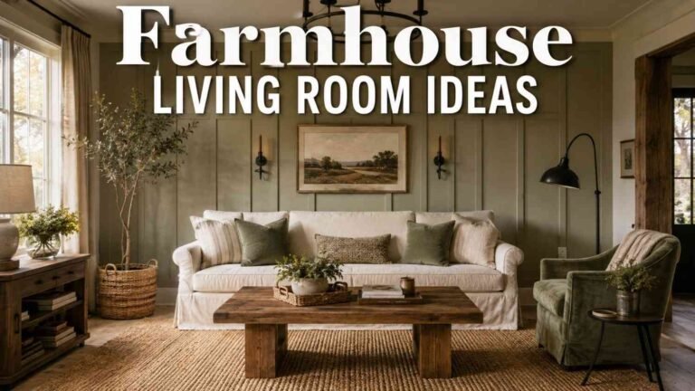 Modern farmhouse living room with warm white shiplap walls, sage green accent chair, and oak coffee table.