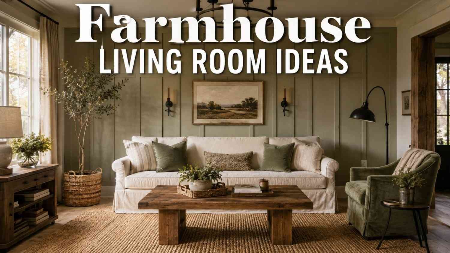 Modern farmhouse living room with warm white shiplap walls, sage green accent chair, and oak coffee table.