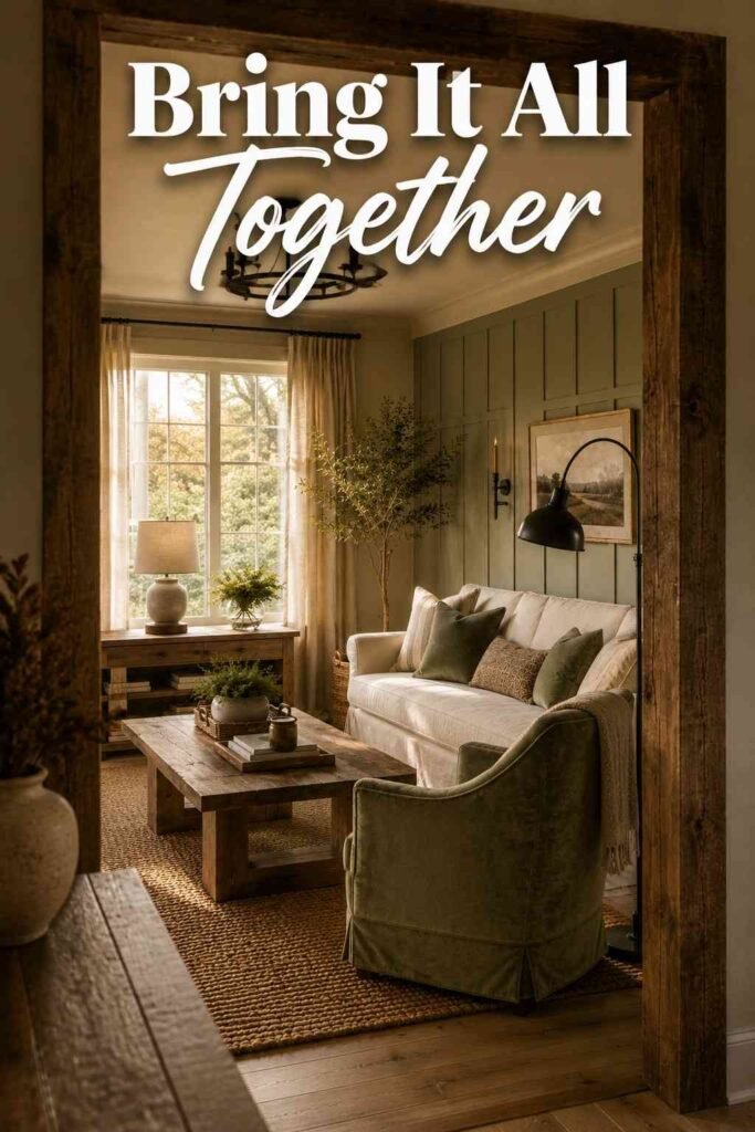Inspiring 22 Farmhouse Living Room Ideas to Transform Your Space in 2026 5 Farmhouse living room viewed through a doorway with sage green chair and warm white shiplap walls.