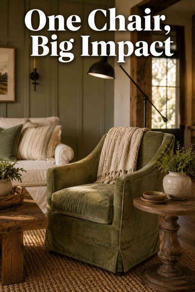 Inspiring 22 Farmhouse Living Room Ideas to Transform Your Space in 2026 3 Sage green accent chair beside a linen sofa and wood side table in a farmhouse living room.