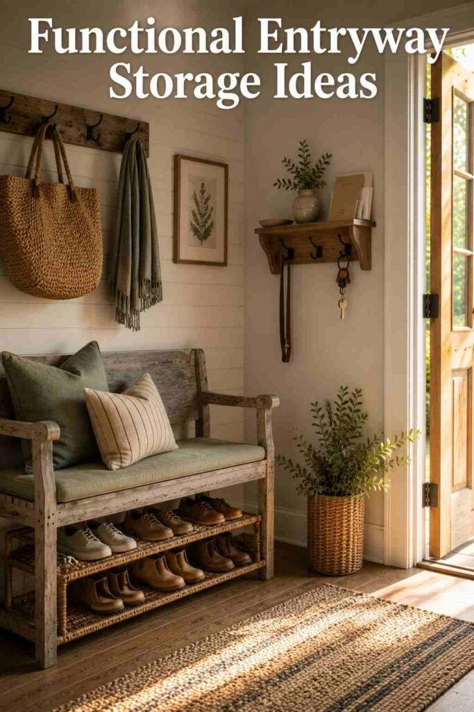 Fully styled farmhouse entryway with wood bench, console table, mirror, and lantern pendant light.