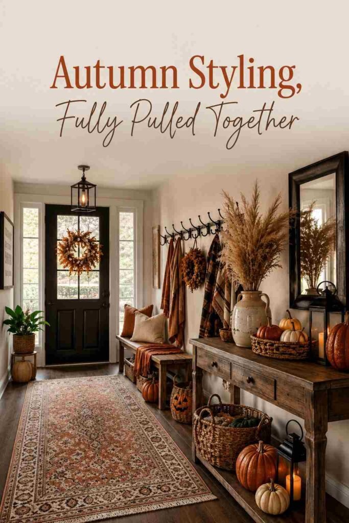 Fully styled cozy autumn entryway ready for family Halloween costumes and trick-or-treating.