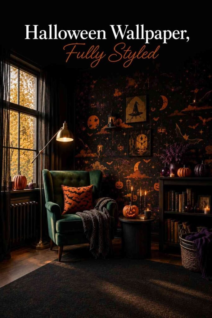 Halloween Wallpaper: 30 Spooky, Cute & Aesthetic Ideas for Every Screen in 2026 3 Fully styled living room with a Halloween wallpaper accent wall, lit candles, a pumpkin, and a warmly glowing brass floor lamp.