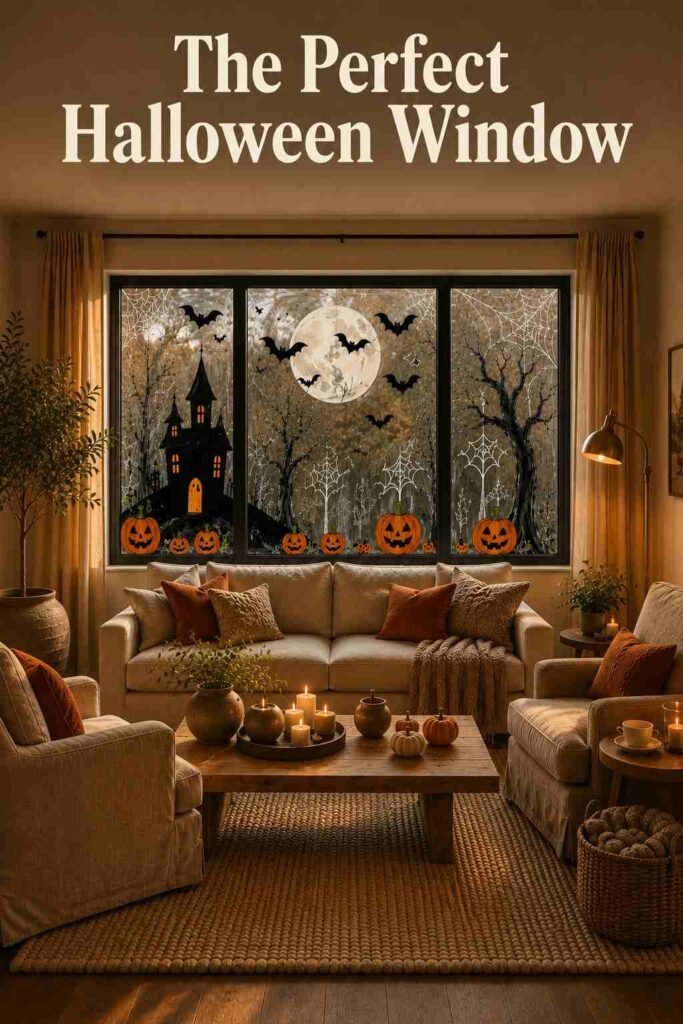 Finished warm living room featuring a hand-painted Halloween window with pumpkins, bats, moon, and haunted house.
