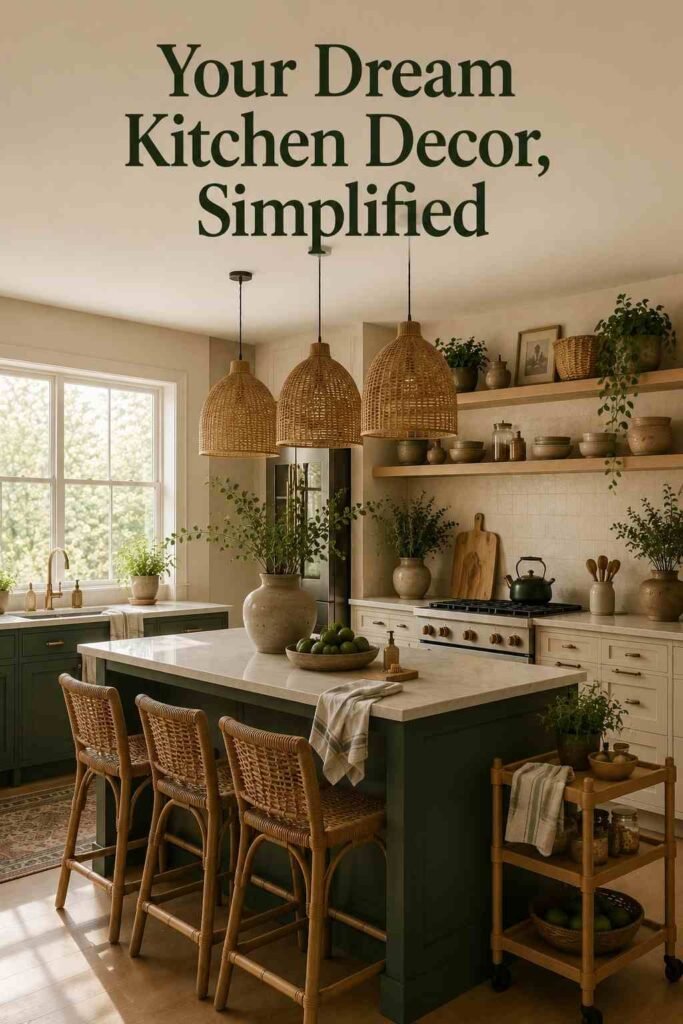 Trending and Cute Kitchen Decor Ideas to Refresh Your Space in 2026 6 Fully styled warm kitchen with emerald island, oak shelving, pendant lighting, and potted herbs.