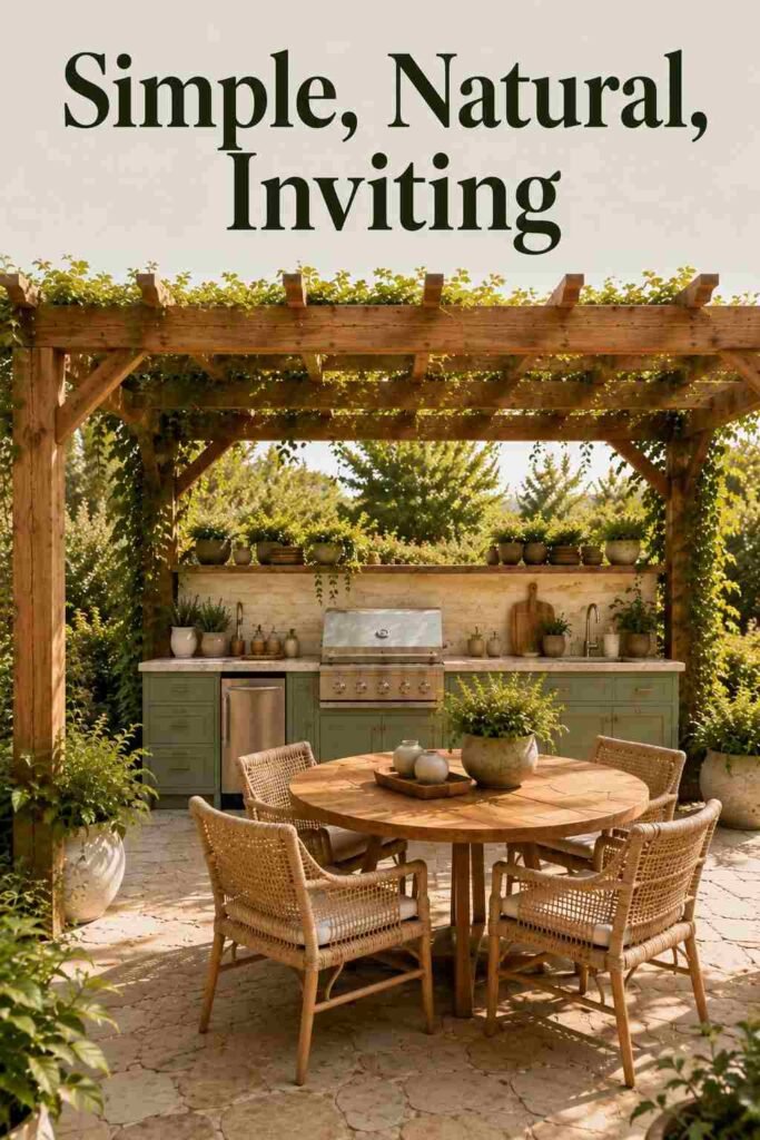 Finished sage green outdoor kitchen with wood pergola, dining furniture, stone surfaces, and lush greenery.