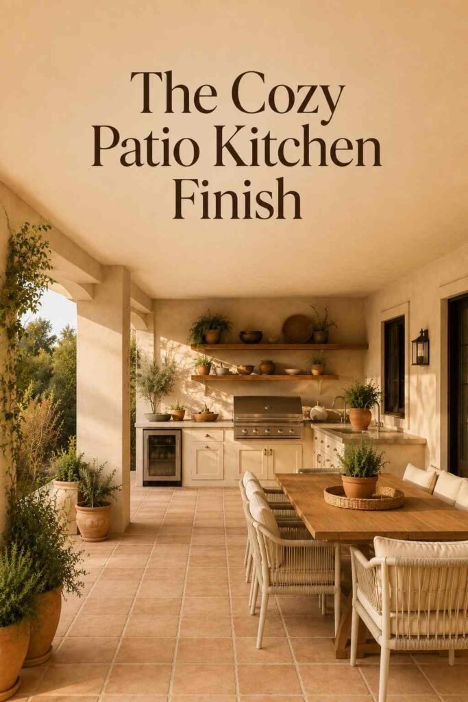 Finished covered patio kitchen styled with cream cabinetry, terracotta tile, wood accents, and greenery.