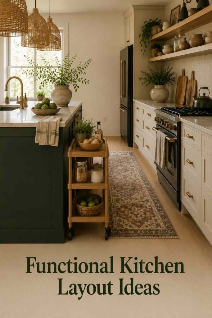Trending and Cute Kitchen Decor Ideas to Refresh Your Space in 2026 5 Kitchen island with a slim wooden rolling cart positioned beside it for extra storage.