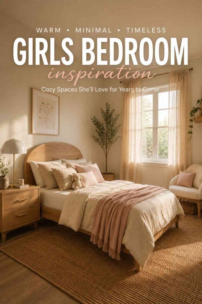 Trendy 27 Girls Bedroom Ideas for 2026: Colors, Furniture, Storage & More 2 Corner view of oak nightstand and linen curtains in a warm neutral girls bedroom idea.