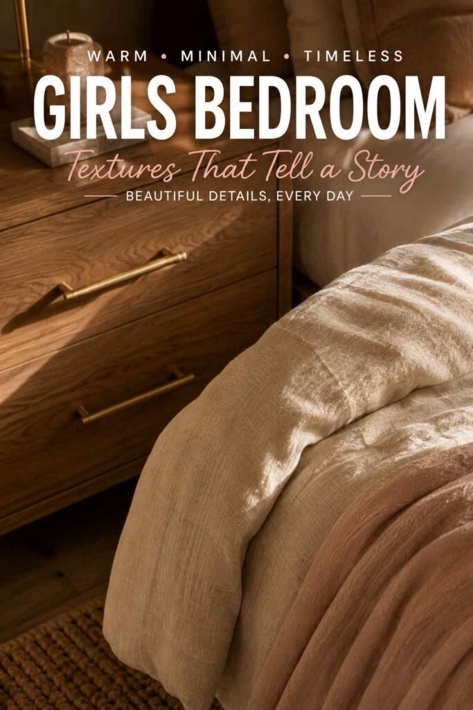 Trendy 27 Girls Bedroom Ideas for 2026: Colors, Furniture, Storage & More 4 Close-up of linen bedding and brass hardware texture in a warm neutral girls bedroom idea.