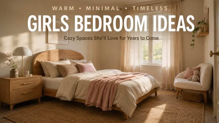 Warm minimalist girls bedroom with oak bed frame, linen bedding, and morning light — a calm girls bedroom idea."
