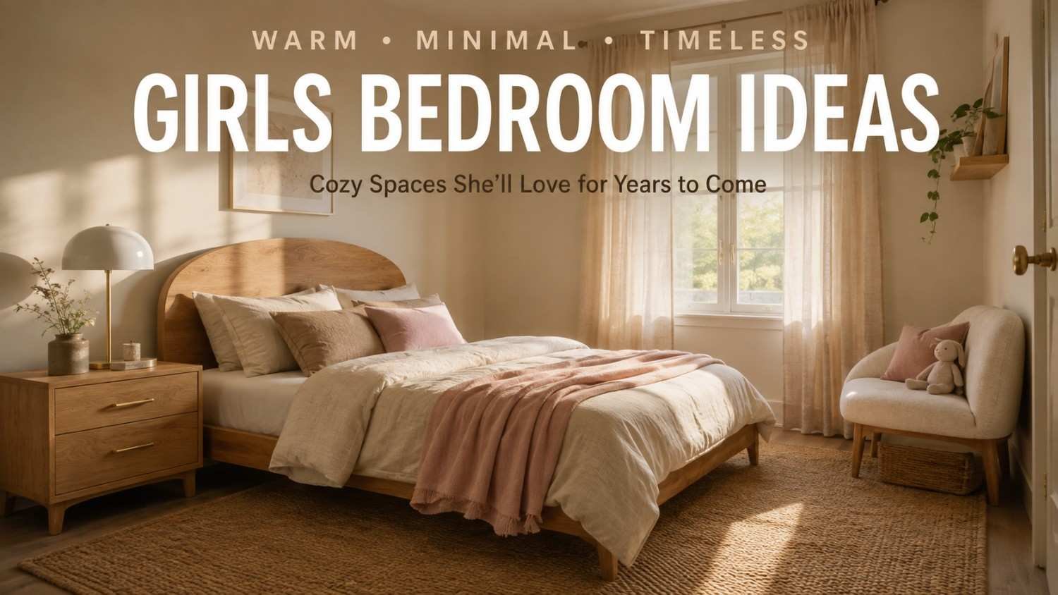 Warm minimalist girls bedroom with oak bed frame, linen bedding, and morning light — a calm girls bedroom idea."