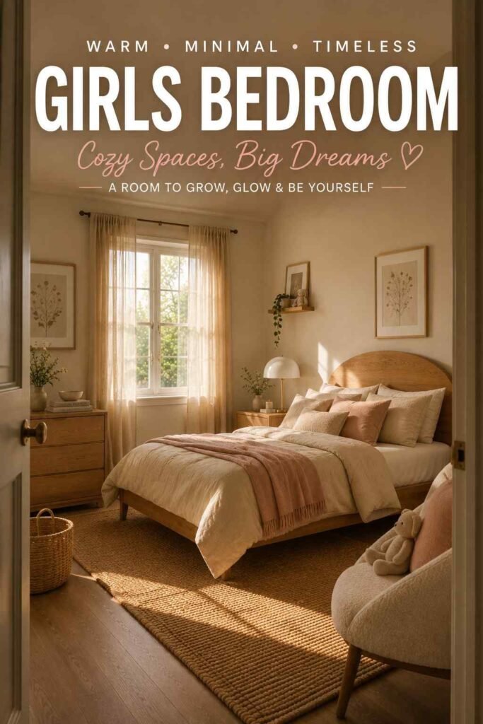 Trendy 27 Girls Bedroom Ideas for 2026: Colors, Furniture, Storage & More 5 Doorway view of a full warm neutral and oak girls bedroom idea with morning light.