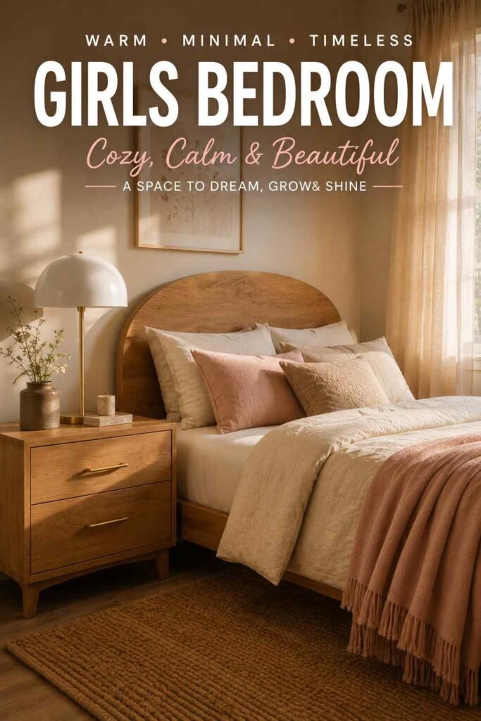 Trendy 27 Girls Bedroom Ideas for 2026: Colors, Furniture, Storage & More 3 Styled bed and oak nightstand vignette in a warm neutral girls bedroom idea.
