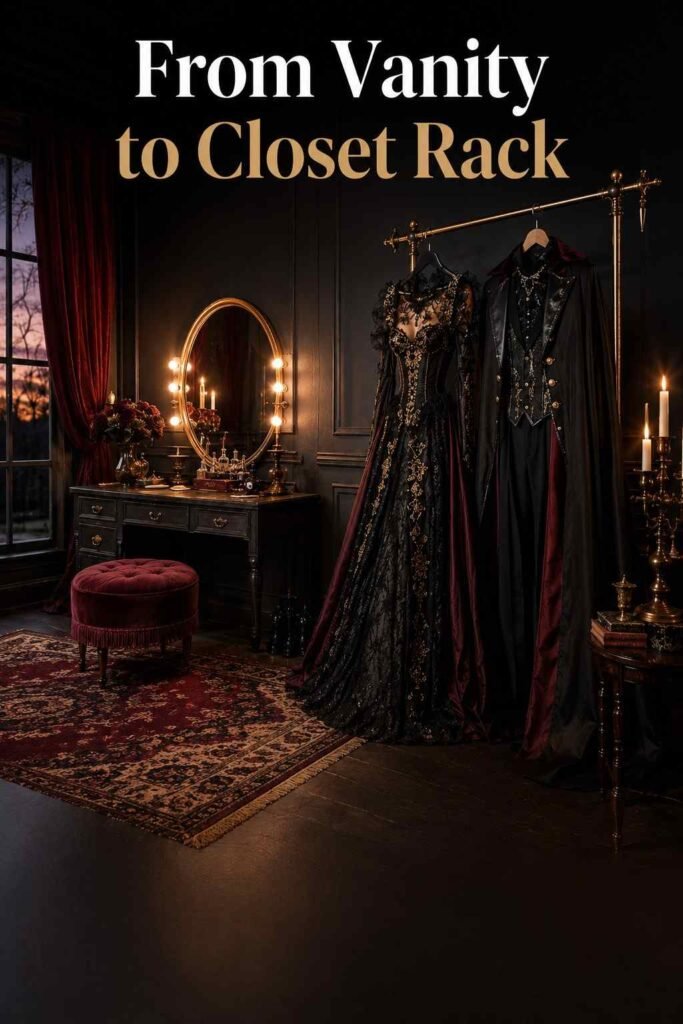 Couple Halloween Costume Ideas for 2026 (Cute, Funny, Scary and Last-Minute) 2 Three-quarter view of a vanity and clothing rack styled with matching gothic costume pieces.