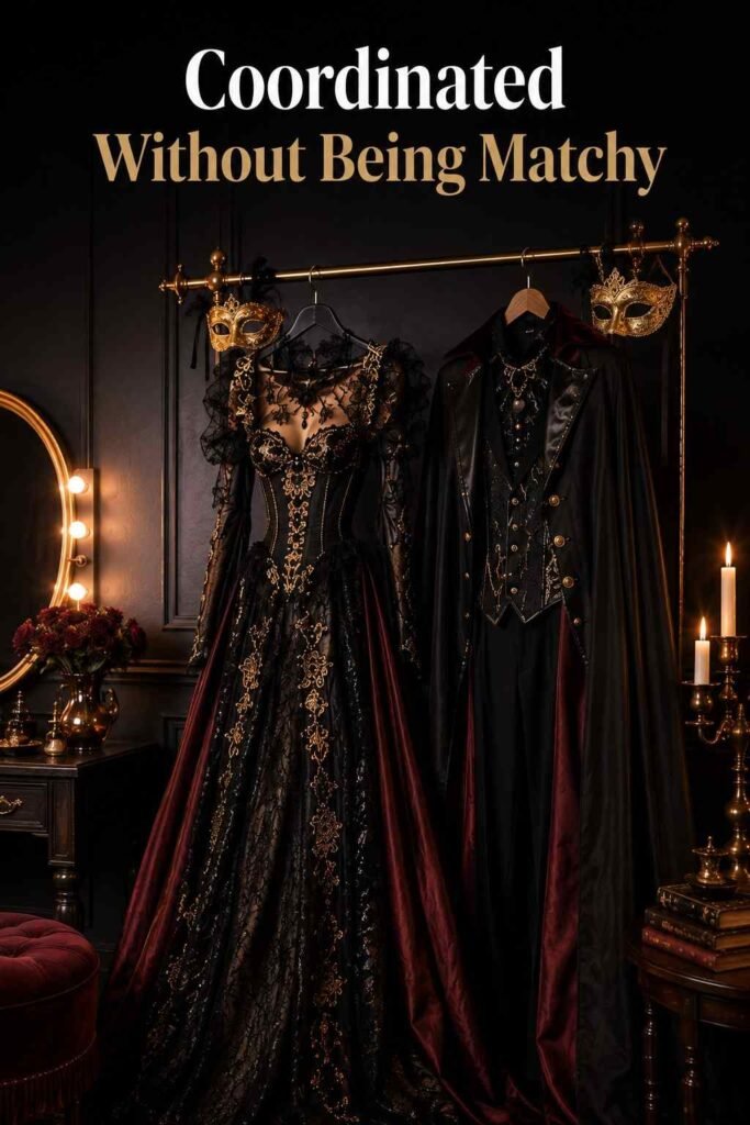 Couple Halloween Costume Ideas for 2026 (Cute, Funny, Scary and Last-Minute) 3 Two coordinated gothic Halloween costumes and gold masquerade masks hanging on a brass clothing rack.