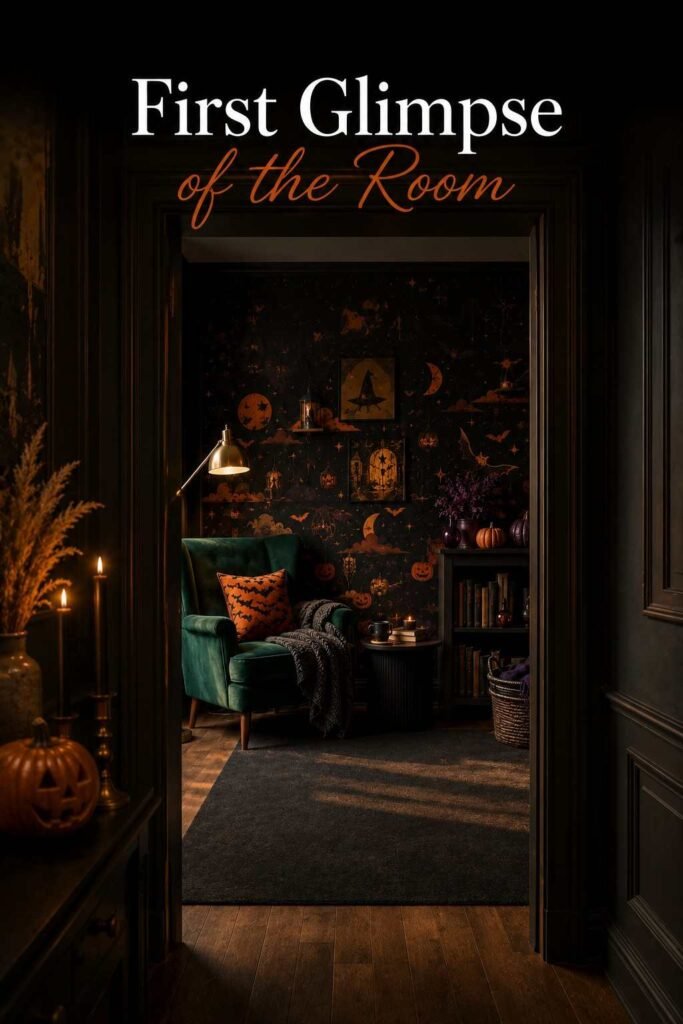 Halloween Wallpaper: 30 Spooky, Cute & Aesthetic Ideas for Every Screen in 2026 7 Doorway view into a living room with a Halloween wallpaper accent wall, velvet armchair, and walnut bookshelf.