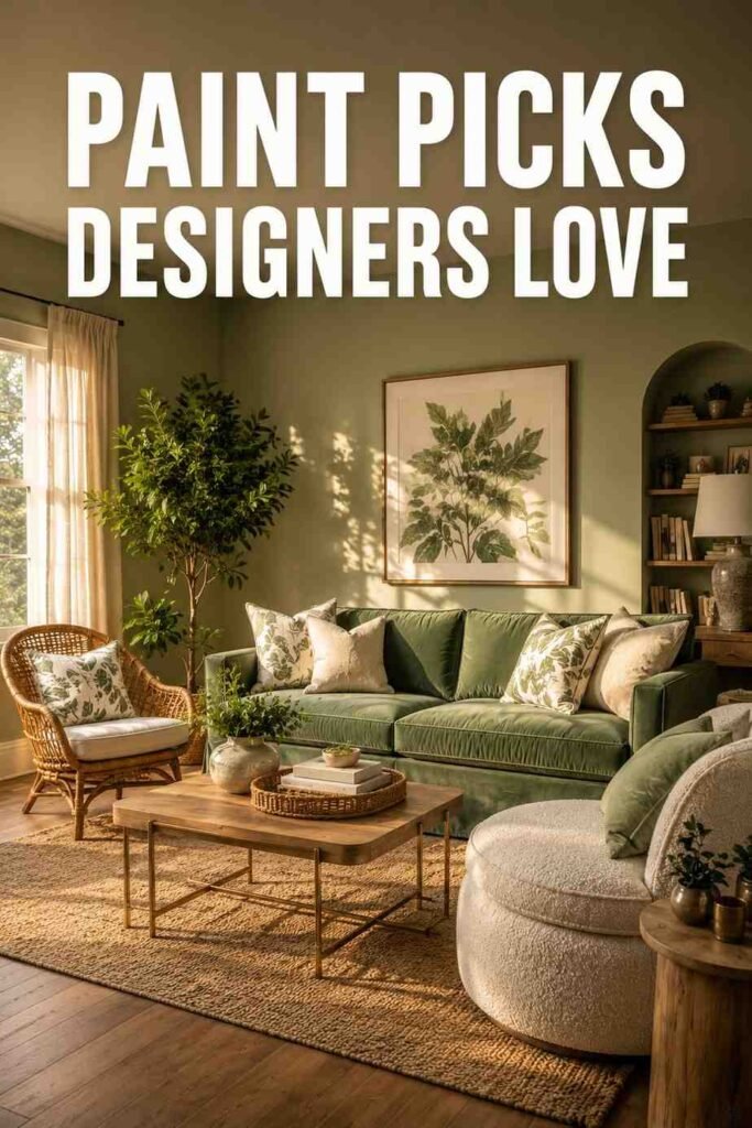 Corner view of a sage green painted living room wall with velvet sofa and brass-leg coffee table.