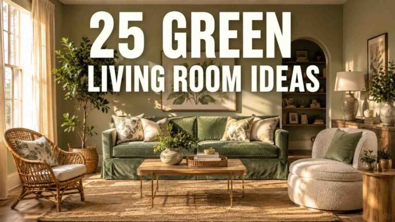 Sage green living room with velvet sofa, rattan chair, and oak floor in warm afternoon light.