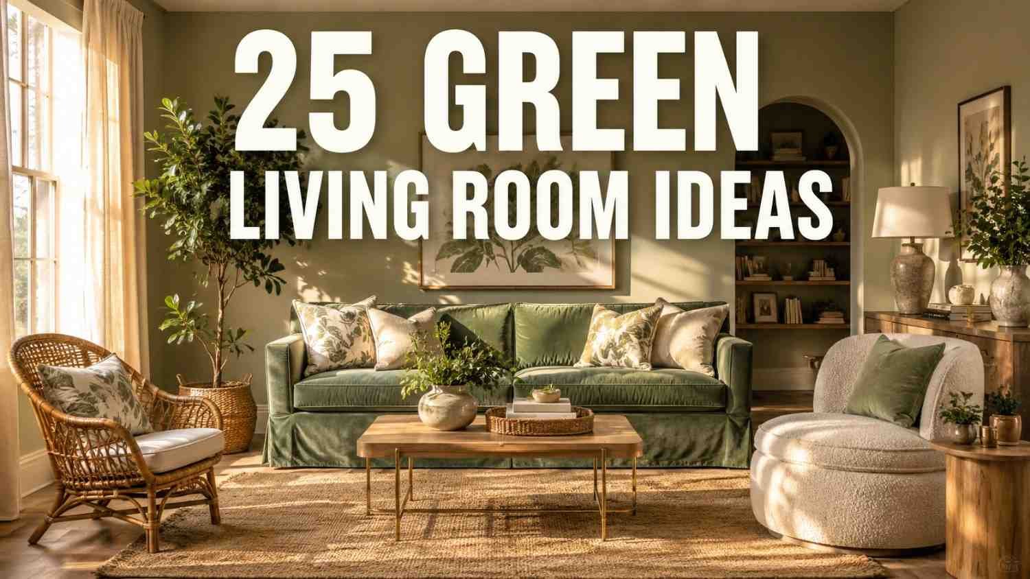 Sage green living room with velvet sofa, rattan chair, and oak floor in warm afternoon light.