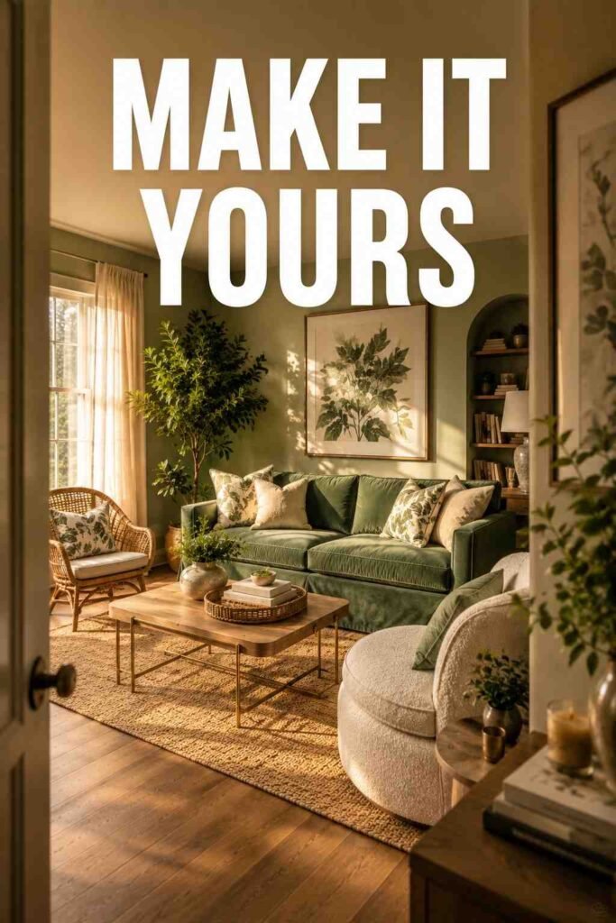 Sage green living room viewed through a doorway with sofa, rattan chair, and oak flooring.