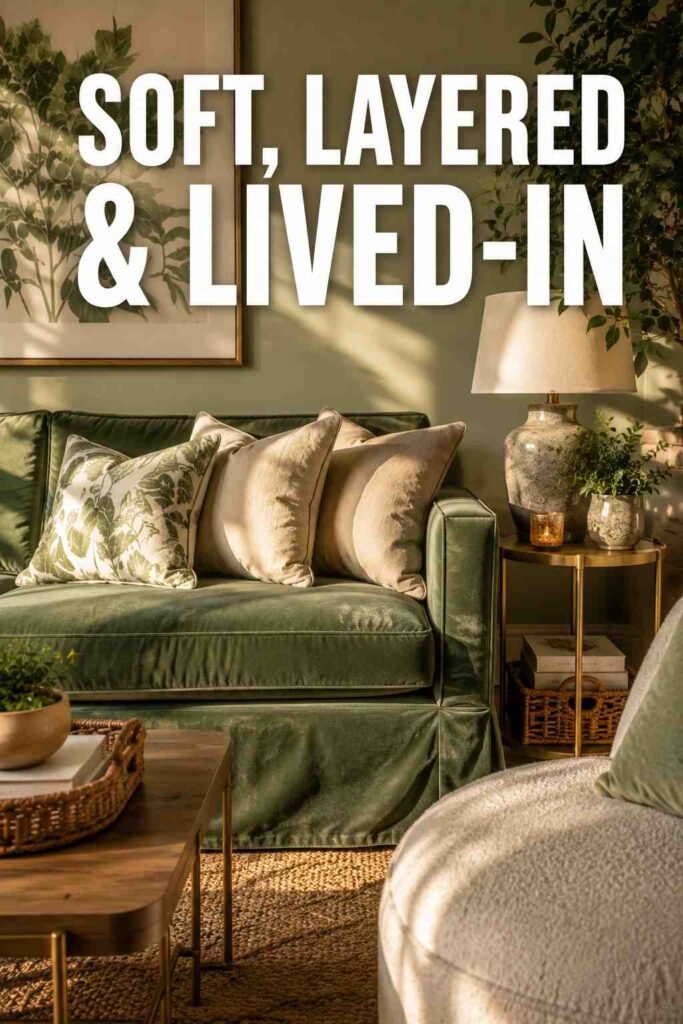 Styled sofa vignette with leafy-print pillows, linen throw, and brass side table in a sage green room.