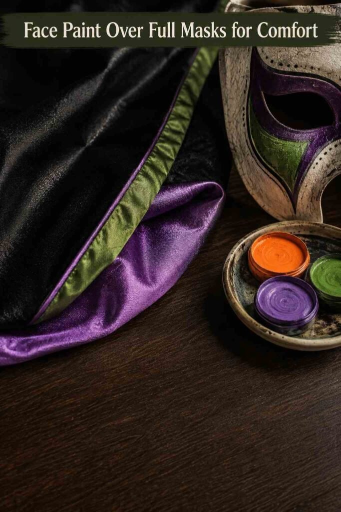 Group Halloween Costumes: 40 Creative Ideas for Every Crew Size in 2026 5 Close-up of Halloween costume fabric texture and face-paint colors in orange and purple.