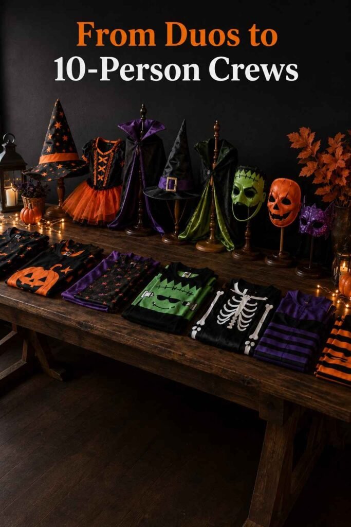 Group Halloween Costumes: 40 Creative Ideas for Every Crew Size in 2026 2 Coordinated Halloween costume pieces arranged in layers to show planning by group size.