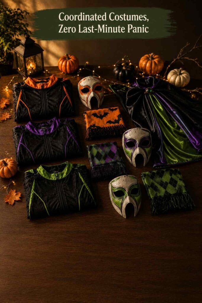Group Halloween Costumes: 40 Creative Ideas for Every Crew Size in 2026 7 Finished group Halloween costume styling with matching pieces, pumpkins, and string lights.