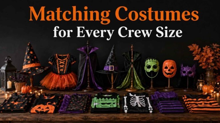 Group Halloween costumes styled together in orange, purple, and black on a dark wood table.