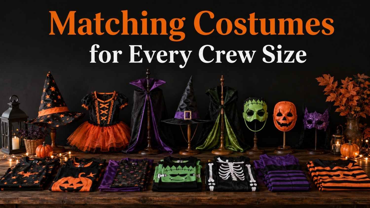 Group Halloween costumes styled together in orange, purple, and black on a dark wood table.