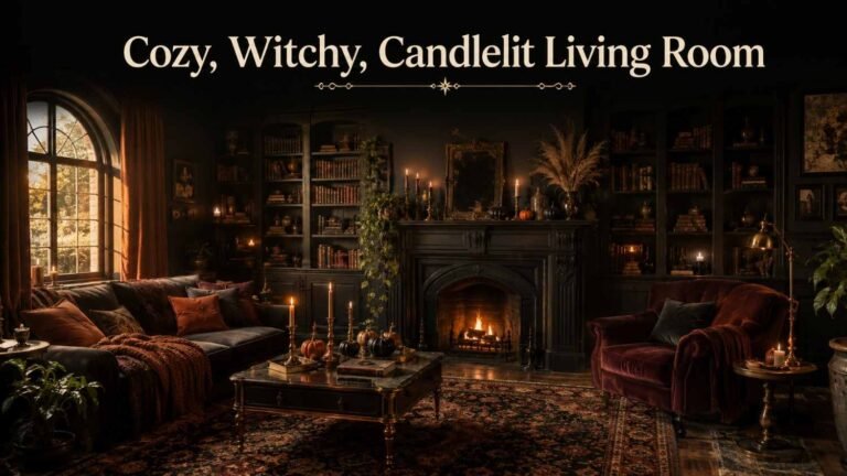 Moody dark academia living room with built-in bookshelves, a lit fireplace, velvet armchair, and Halloween candle and pumpkin styling.