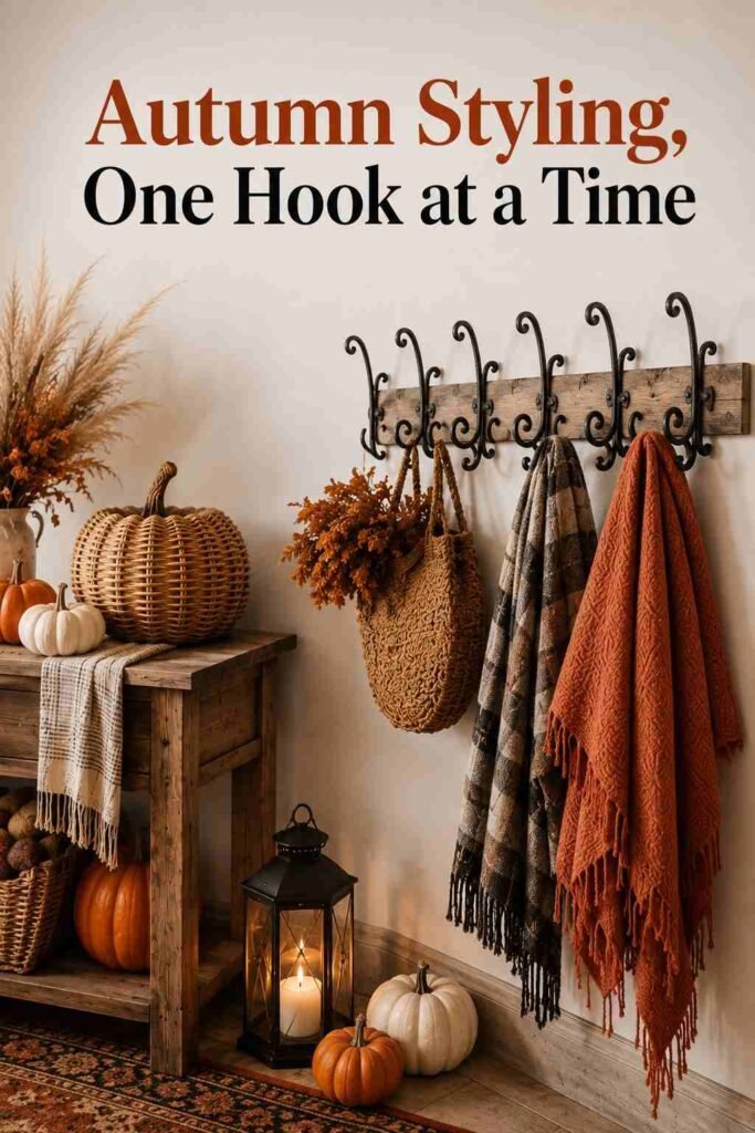 Wrought-iron coat hooks holding scarves above a woven pumpkin basket in an autumn entryway.