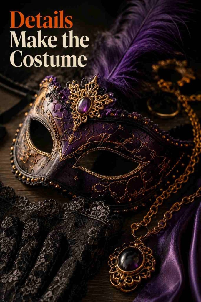Macro detail of beaded mask, lace glove, and gold jewelry texture.