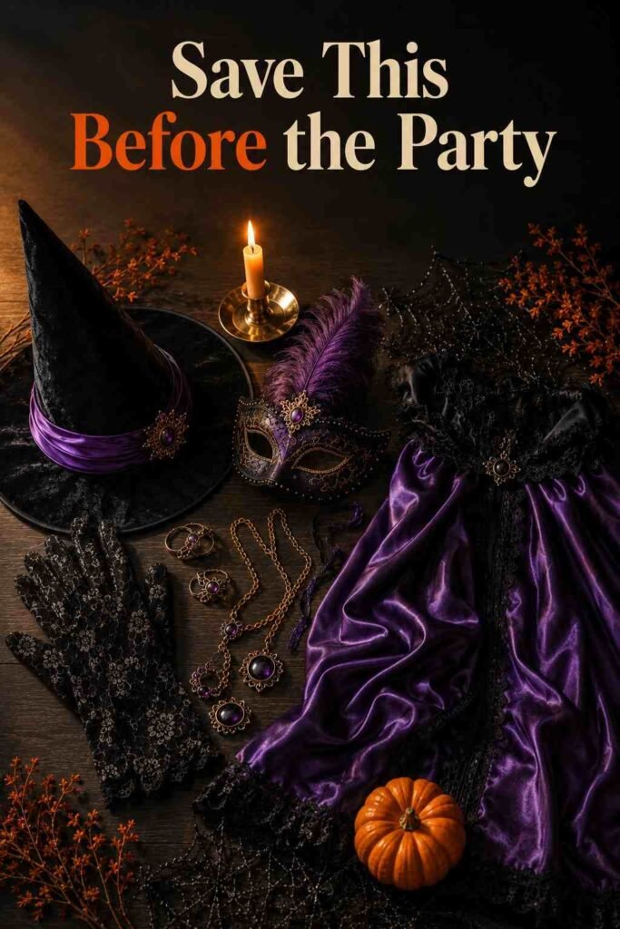 Finished editorial flat lay of a complete Halloween costume styling set.