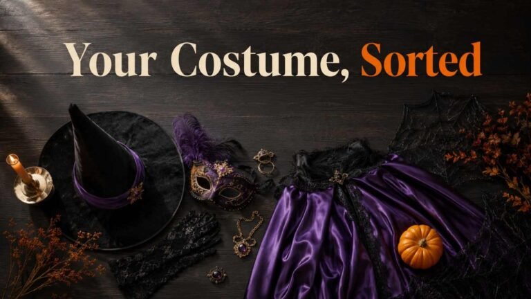 Halloween costume flat lay with witch hat, cape, mask, and pumpkin styling.