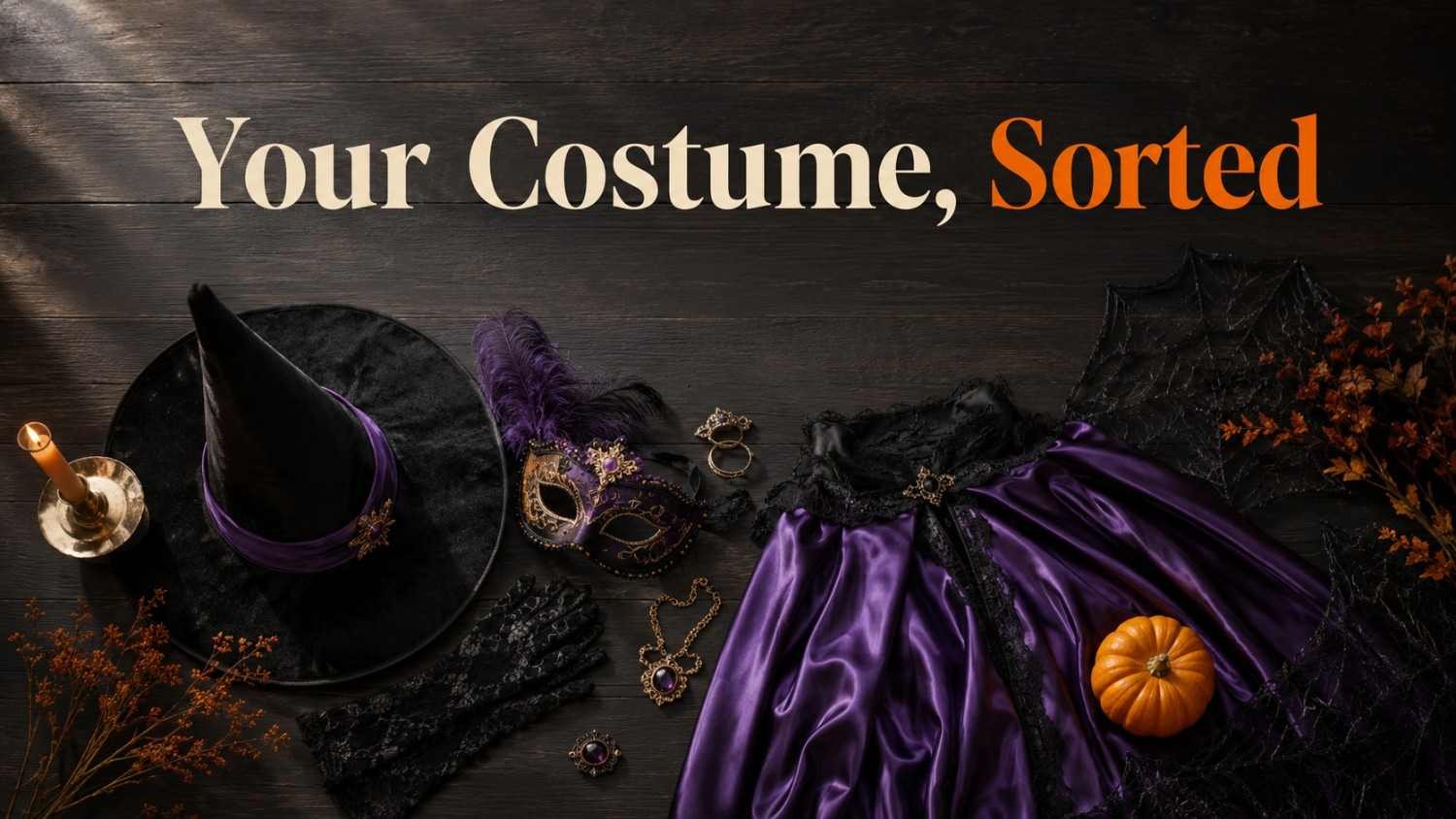 Halloween costume flat lay with witch hat, cape, mask, and pumpkin styling.