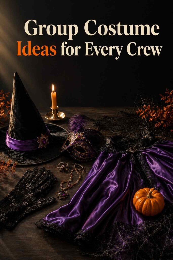 Side-angle view of full Halloween costume flat lay showing height and shadow.