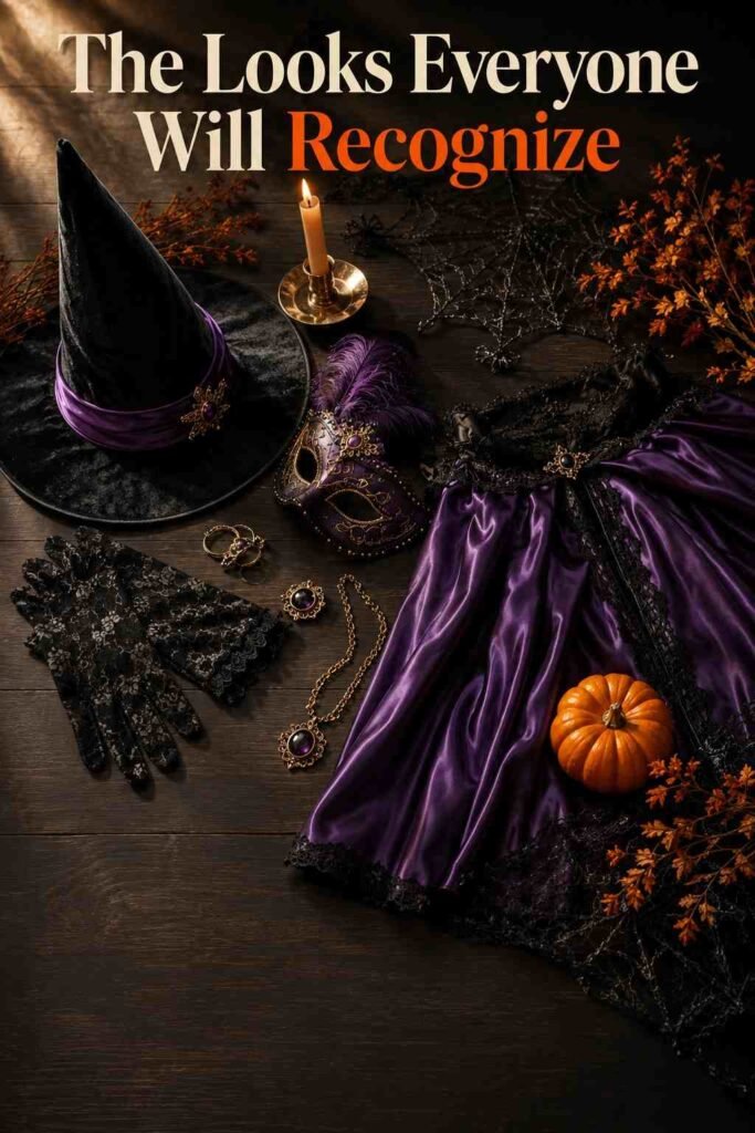 Angled view of witch hat and cape layered with beaded mask and jewelry.