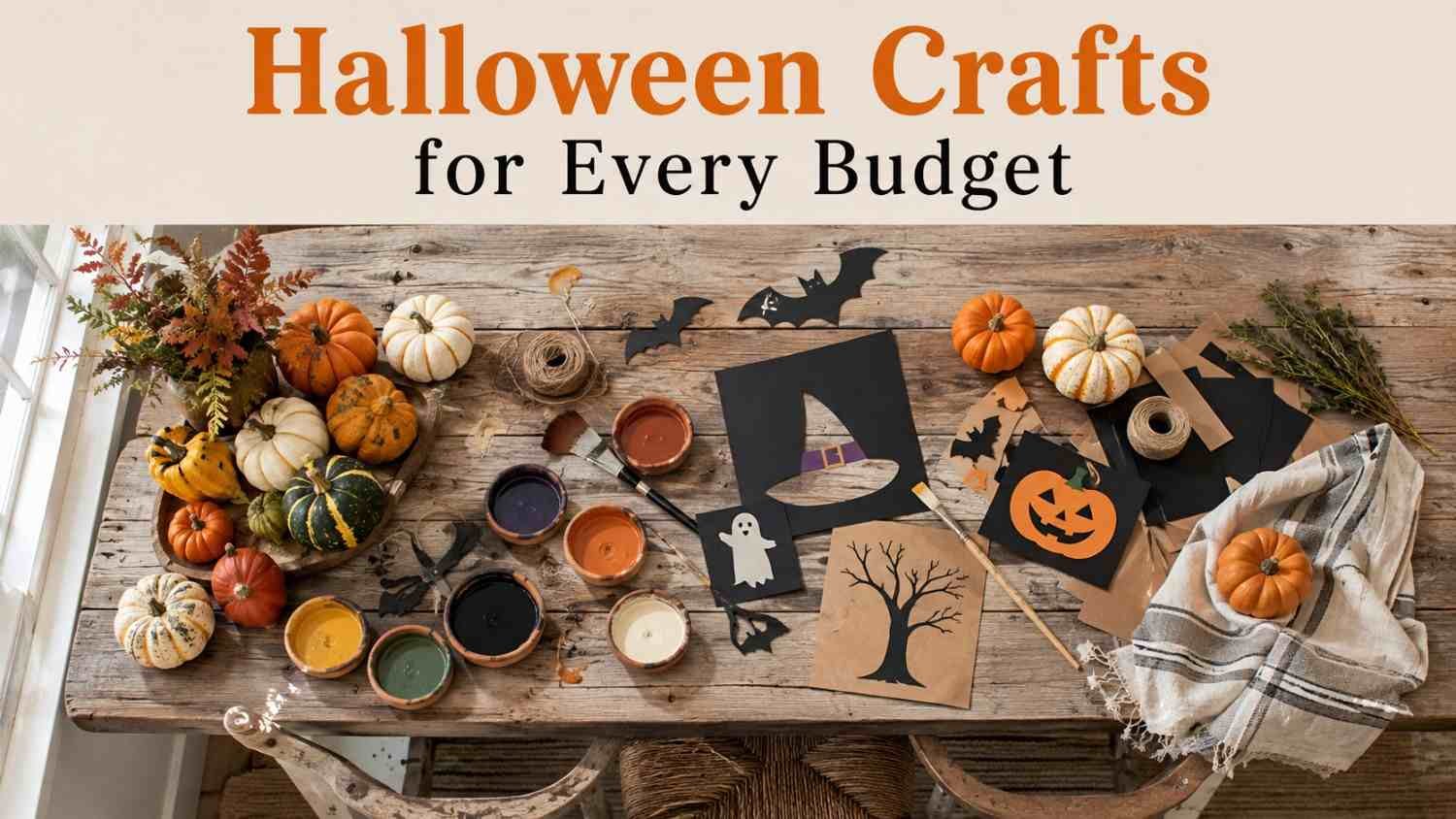 Overhead flat lay of a Halloween craft table with mini pumpkins, black paper cutouts, and craft supplies.