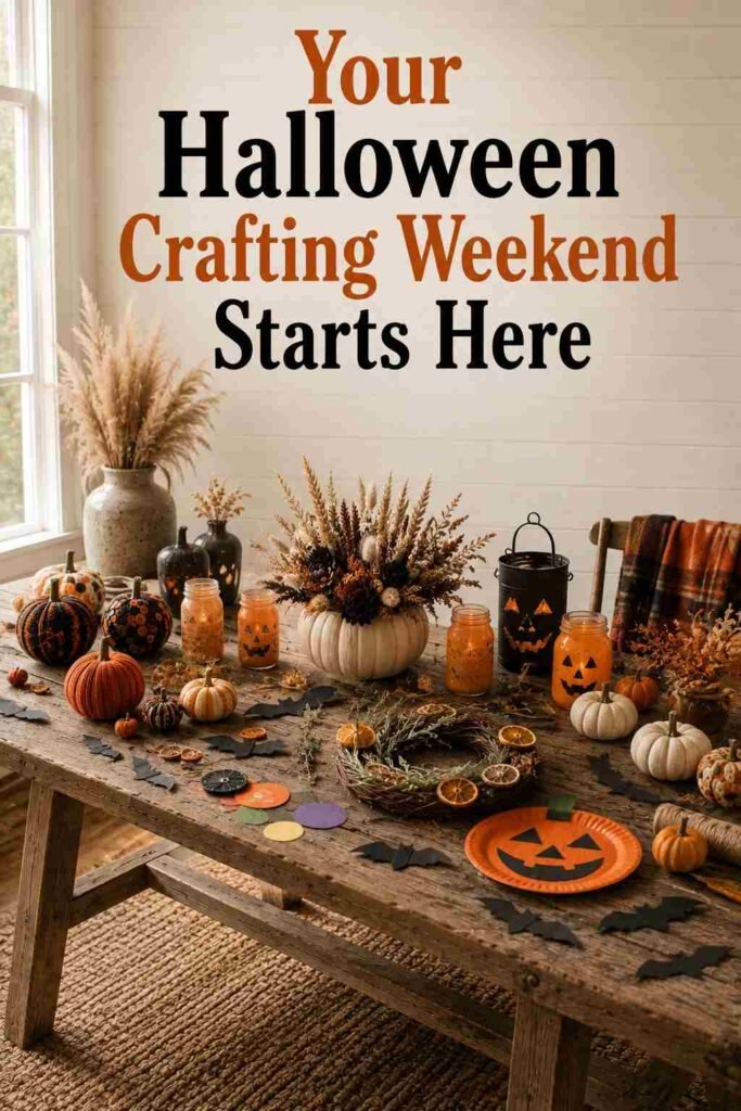 Wide view of a styled dining nook with finished Halloween crafts arranged on a wood table.