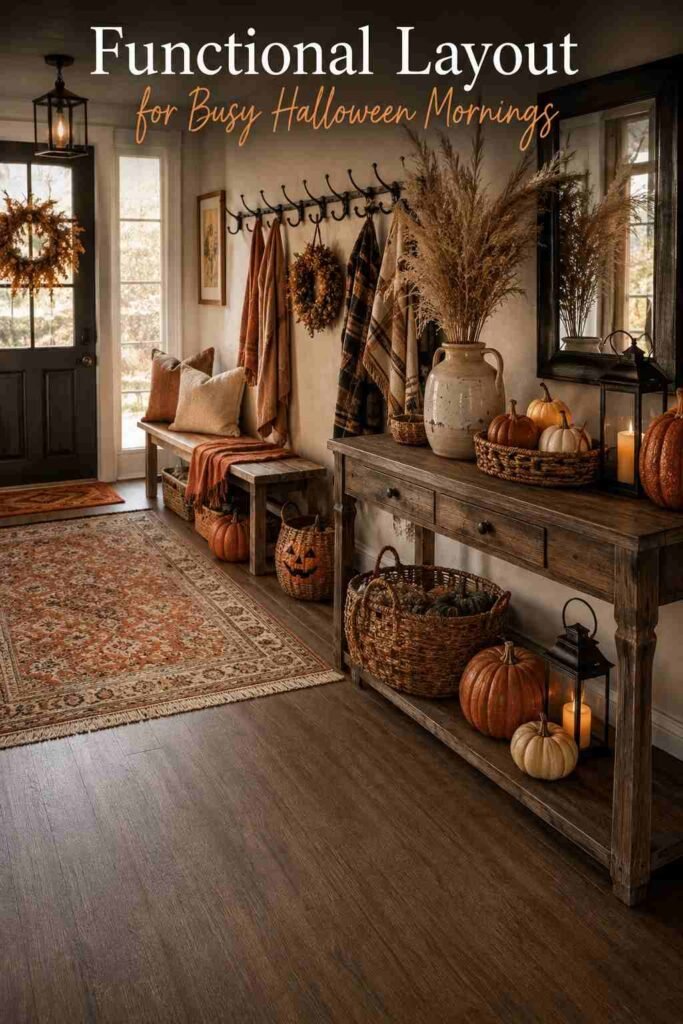 Elevated view of an entryway bench, rug, and coat hooks arranged for easy Halloween-morning routines.