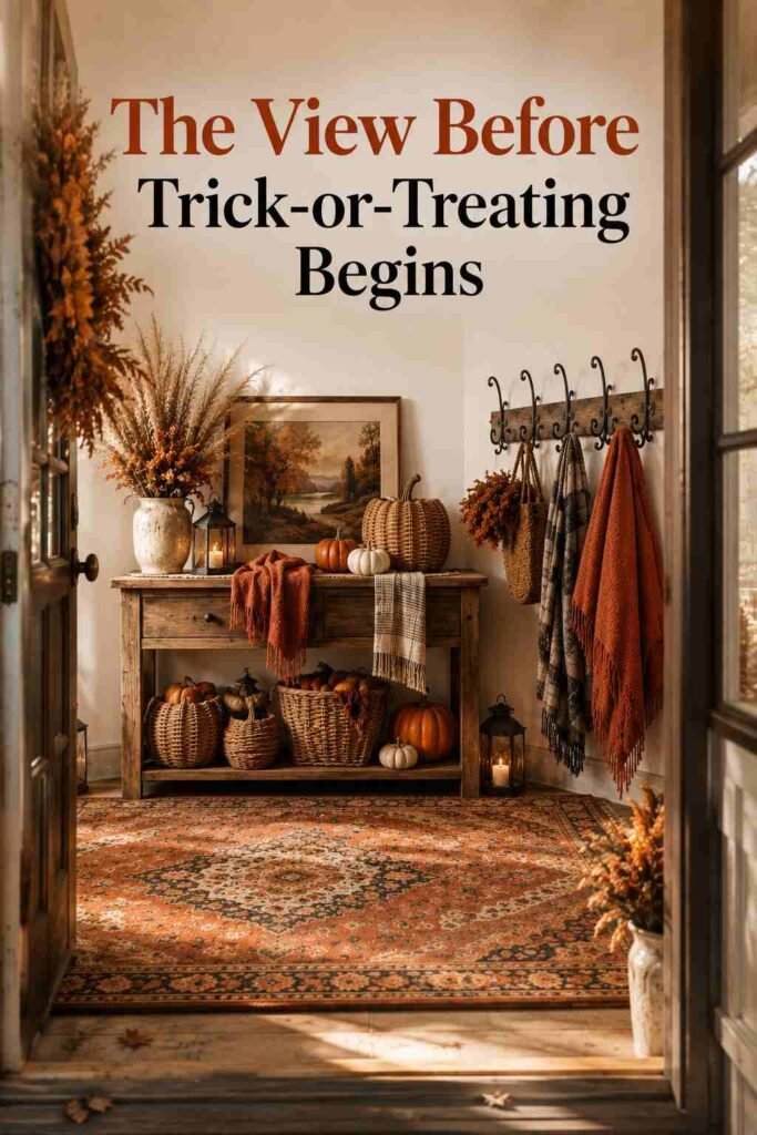 Doorway view into a warmly lit autumn entryway decorated for family Halloween costumes.