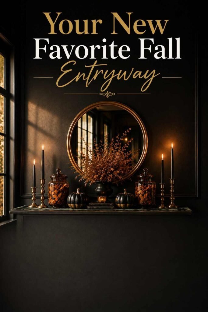 Vertical crop of a round brass mirror above a candlelit Halloween entryway table with open space below for text.