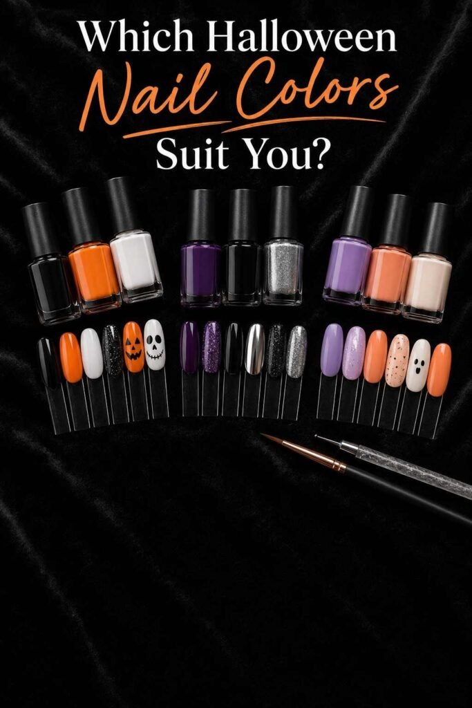 Flat lay of Halloween nail polish bottles and painted swatches in three color palettes — classic, gothic, and pastel.