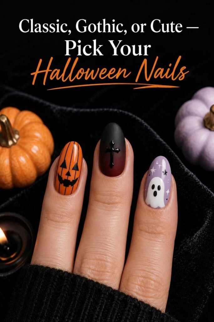 Three Halloween nail looks shown side by side on one hand — classic orange and black, gothic oxblood, and pastel ghost design.