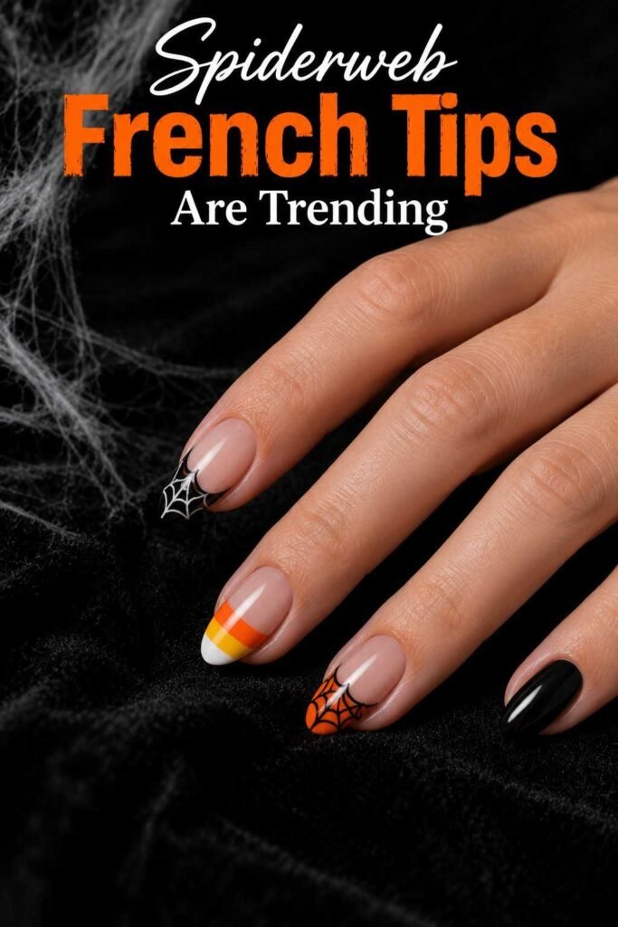 Close-up of Halloween nails with a spiderweb French tip design and candy corn striped nail art.