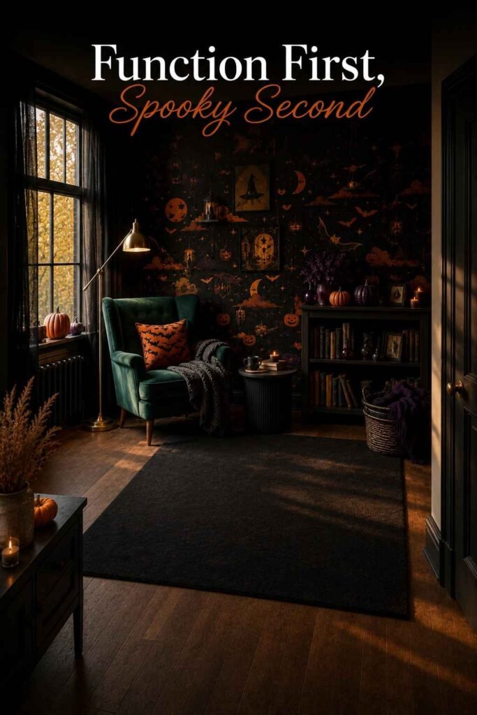 Halloween Wallpaper: 30 Spooky, Cute & Aesthetic Ideas for Every Screen in 2026 6 Wide view of a living room nook showing furniture spacing and walkway around a Halloween wallpaper accent wall.