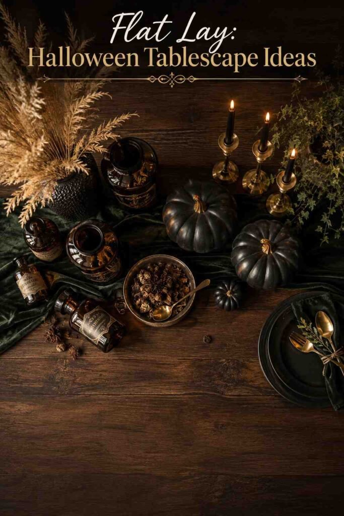 Overhead flat lay of a black and gold Halloween tablescape with apothecary jars, candles, and painted pumpkins.